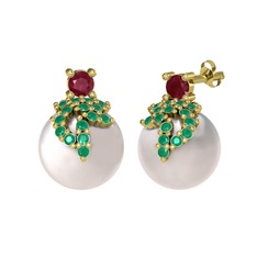 Afra İnci Küpe - Kök yakut, kök zümrüt ve inci 8 ayar altın küpe #1p8o8qo