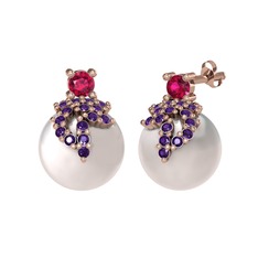 Afra İnci Küpe - Rodolit garnet, ametist ve inci 18 ayar rose altın küpe #1p95r3e