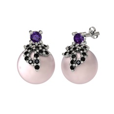 Afra İnci Küpe - Ametist, siyah zirkon ve pembe inci 18 ayar beyaz altın küpe #1pgfs7g