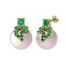 Afra İnci Küpe - Kök zümrüt, yeşil kuvars ve pembe inci 18 ayar altın küpe #1px4l5t