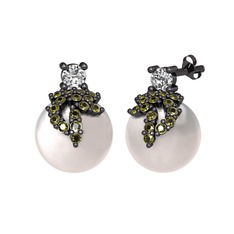 Afra İnci Küpe - Swarovski, peridot ve inci 925 ayar siyah rodyum kaplama gümüş küpe #1pzxmqi