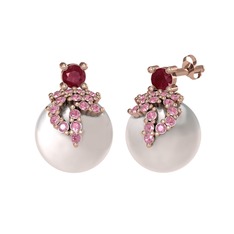 Afra İnci Küpe - Kök yakut, pembe kuvars ve inci 14 ayar rose altın küpe #1q0da1b