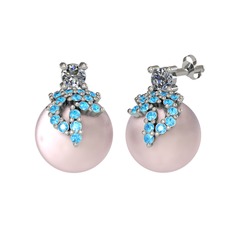 Afra İnci Küpe - Pırlanta, akuamarin ve pembe inci 18 ayar beyaz altın küpe (0.22 karat) #1q1xtrk