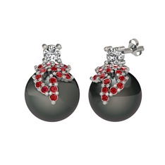 Afra İnci Küpe - Swarovski, garnet ve siyah inci 14 ayar beyaz altın küpe #1qai365