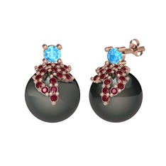 Akuamarin, kök yakut ve siyah inci 925 ayar rose altın kaplama gümüş küpe