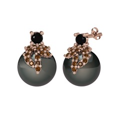 Afra İnci Küpe - Siyah zirkon, dumanlı kuvars ve siyah inci 8 ayar rose altın küpe #1qw03m0