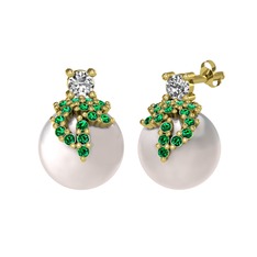 Swarovski, yeşil kuvars ve inci 8 ayar altın küpe