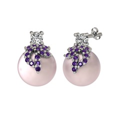 Afra İnci Küpe - Swarovski, ametist ve pembe inci 8 ayar beyaz altın küpe #1r8891v