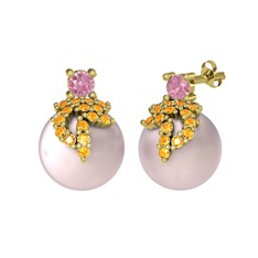 Afra İnci Küpe - Pembe kuvars, sitrin ve pembe inci 8 ayar altın küpe #1rmz3r8