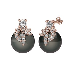 Afra İnci Küpe - Swarovski, beyaz zirkon ve siyah inci 14 ayar rose altın küpe #1rvbcd7