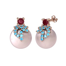 Afra İnci Küpe - Kök yakut, akuamarin ve pembe inci 8 ayar rose altın küpe #1ryxr2g