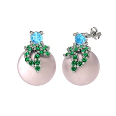 Afra İnci Küpe - Akuamarin, yeşil kuvars ve pembe inci 18 ayar beyaz altın küpe #1rzt5we