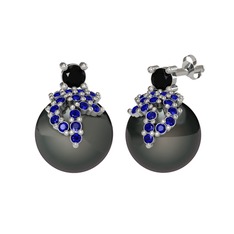 Afra İnci Küpe - Siyah zirkon, lab safir ve siyah inci 18 ayar beyaz altın küpe #1s1mk6o