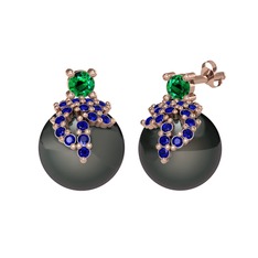 Yeşil kuvars, lab safir ve siyah inci 18 ayar rose altın küpe