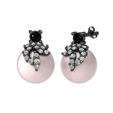 Siyah zirkon, swarovski ve pembe inci 925 ayar siyah rodyum kaplama gümüş küpe