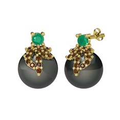 Afra İnci Küpe - Kök zümrüt, dumanlı kuvars ve siyah inci 18 ayar altın küpe #1sr4hgk