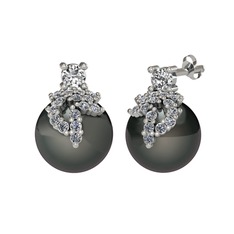Afra İnci Küpe - Swarovski, pırlanta ve siyah inci 14 ayar beyaz altın küpe (0.352 karat) #1t6sddz