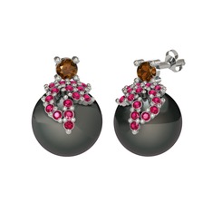 Dumanlı kuvars, rodolit garnet ve siyah inci 925 ayar gümüş küpe