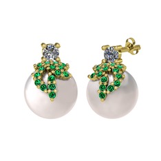 Afra İnci Küpe - Pırlanta, yeşil kuvars ve inci 14 ayar altın küpe (0.22 karat) #1t8p29g