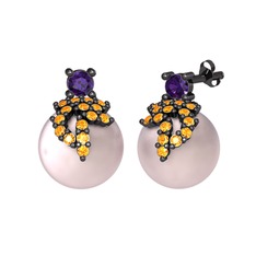 Afra İnci Küpe - Ametist, sitrin ve pembe inci 925 ayar siyah rodyum kaplama gümüş küpe #1t8zrcu