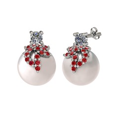 Afra İnci Küpe - Pırlanta, garnet ve inci 14 ayar beyaz altın küpe (0.22 karat) #1th7444