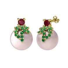 Afra İnci Küpe - Kök yakut, yeşil kuvars ve pembe inci 8 ayar altın küpe #1tk1evd