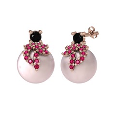 Afra İnci Küpe - Siyah zirkon, rodolit garnet ve pembe inci 8 ayar rose altın küpe #1tlw3sw