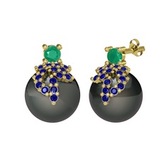 Afra İnci Küpe - Kök zümrüt, lab safir ve siyah inci 14 ayar altın küpe #1ts5x24