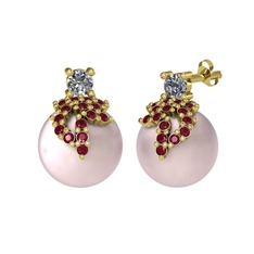 Afra İnci Küpe - Pırlanta, kök yakut ve pembe inci 8 ayar altın küpe (0.22 karat) #1tshp2u