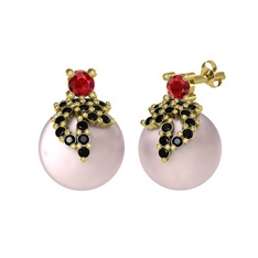 Garnet, siyah zirkon ve pembe inci 14 ayar altın küpe