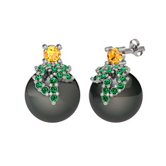 Afra İnci Küpe - Sitrin, yeşil kuvars ve siyah inci 8 ayar beyaz altın küpe #1ttnpvr