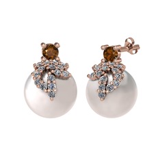 Afra İnci Küpe - Dumanlı kuvars, pırlanta ve inci 18 ayar rose altın küpe (0.352 karat) #1tu4ne9