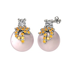 Swarovski, sitrin ve pembe inci 8 ayar beyaz altın küpe
