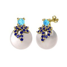 Afra İnci Küpe - Akuamarin, lab safir ve inci 14 ayar altın küpe #1tzej3n