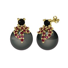 Afra İnci Küpe - Siyah zirkon, kök yakut ve siyah inci 18 ayar altın küpe #1ubuoob