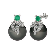 Kök zümrüt, swarovski ve siyah inci 18 ayar beyaz altın küpe