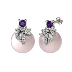 Afra İnci Küpe - Ametist, swarovski ve pembe inci 18 ayar beyaz altın küpe #1v33rm5