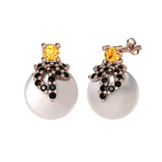 Afra İnci Küpe - Sitrin, siyah zirkon ve inci 14 ayar rose altın küpe #1v43qki