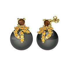 Afra İnci Küpe - Dumanlı kuvars, sitrin ve siyah inci 925 ayar altın kaplama gümüş küpe #1vax4jy