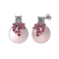 Afra İnci Küpe - Pırlanta, rodolit garnet ve pembe inci 14 ayar beyaz altın küpe (0.22 karat) #1vo077x