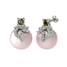 Peridot, swarovski ve pembe inci 925 ayar gümüş küpe