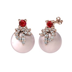 Afra İnci Küpe - Garnet, beyaz zirkon ve pembe inci 8 ayar rose altın küpe #1vv21wc