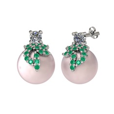 Afra İnci Küpe - Pırlanta, kök zümrüt ve pembe inci 8 ayar beyaz altın küpe (0.22 karat) #1vv4yjl