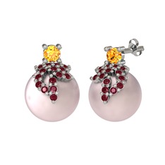 Afra İnci Küpe - Sitrin, kök yakut ve pembe inci 8 ayar beyaz altın küpe #1w2a4h6