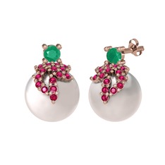 Afra İnci Küpe - Kök zümrüt, rodolit garnet ve inci 8 ayar rose altın küpe #1wgi16d