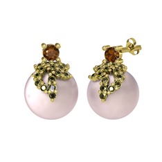 Dumanlı kuvars, peridot ve pembe inci 8 ayar altın küpe