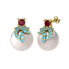 Afra İnci Küpe - Kök yakut, akuamarin ve inci 18 ayar altın küpe #1woe6oh