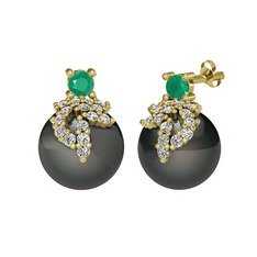 Kök zümrüt, swarovski ve siyah inci 14 ayar altın küpe