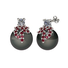 Afra İnci Küpe - Pırlanta, kök yakut ve siyah inci 14 ayar beyaz altın küpe (0.22 karat) #1wsv4cf