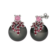 Afra İnci Küpe - Pembe kuvars, kök yakut ve siyah inci 8 ayar beyaz altın küpe #1x0zj1d